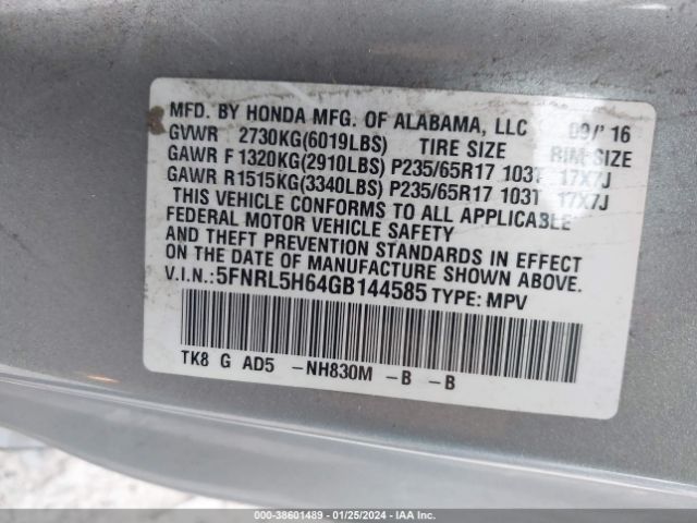 5FNRL5H64GB144585 Honda Odyssey Ex-l