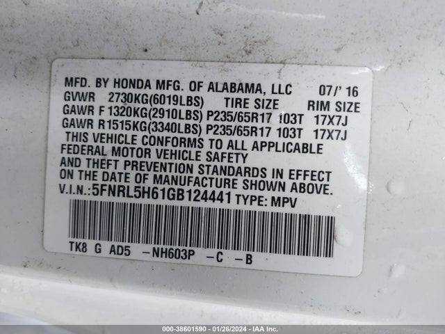 Honda Odyssey Ex-l 2016 5FNRL5H61GB124441 Image 9
