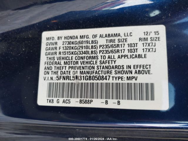 5FNRL5H31GB050847 Honda ODYSSEY SE