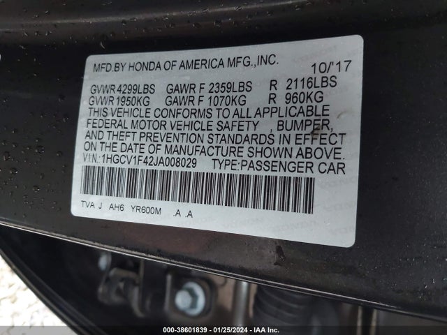 Honda ACCORD EX 2018 1HGCV1F42JA008029 Image 9