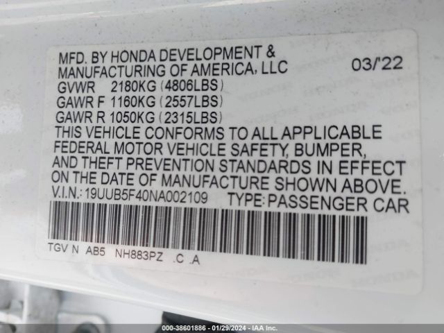 19UUB5F40NA002109 Acura Tlx Technology Package