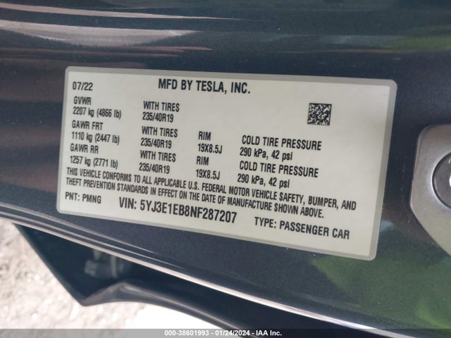 5YJ3E1EB8NF287207 Tesla Model 3 Long Range Dual Motor All-wheel Drive