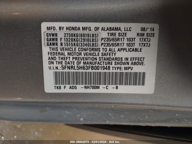 Honda Odyssey Ex-l 2015 5FNRL5H63FB001948 Image 9