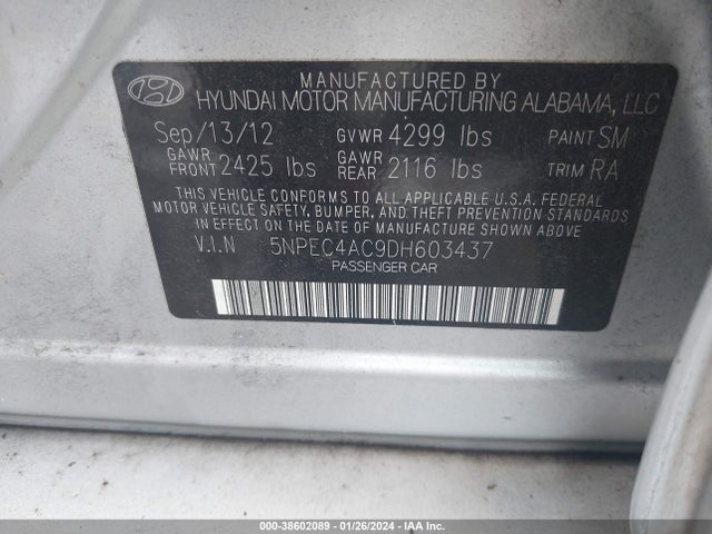 2013 HYUNDAI SONATA SE VIN: 5NPEC4AC9DH603437