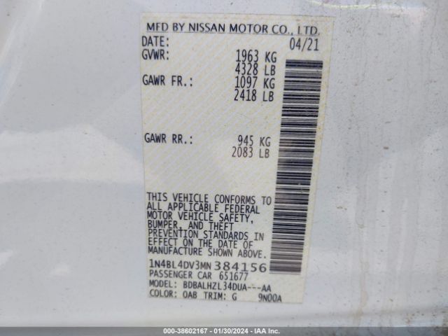 1N4BL4DV3MN384156 Nissan Altima Sv Fwd