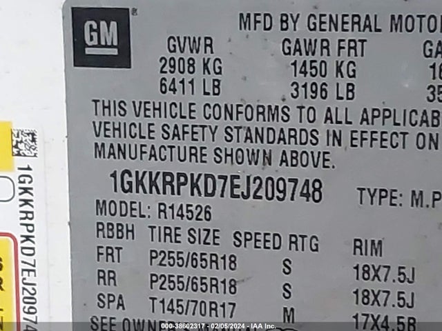 1GKKRPKD7EJ209748 GMC Acadia Sle-2