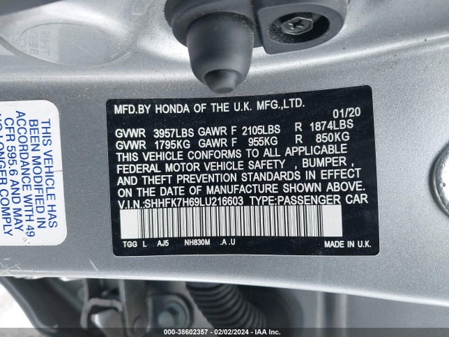 Honda CIVIC EX 2020 SHHFK7H69LU216603 Image 9