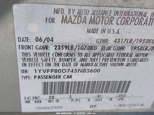 2004 Mazda Mazda6 S მანქანა იყიდება აუქციონზე, vin: 1YVFP80D745N83600, აუქციონის ნომერი: 38602376