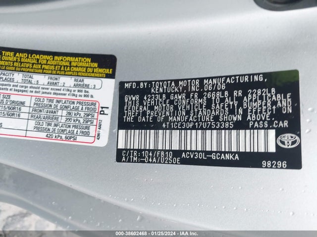 2007 TOYOTA CAMRY SOLARA SE VIN: 4T1CE30P17U753385