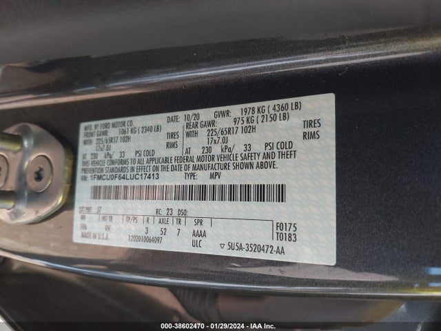 Ford ESCAPE S 2020 1FMCU0F64LUC17413 Image 9