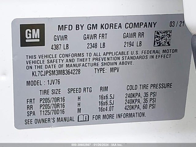 Chevrolet Trax Awd Lt 2021 KL7CJPSM3MB364228 Image 9