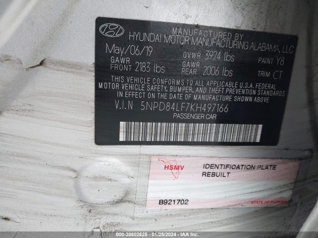 2019 HYUNDAI ELANTRA VALUE EDITION VIN: 5NPD84LF7KH497166
