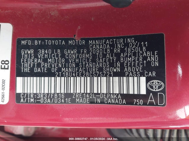 2011 TOYOTA COROLLA LE VIN: 2T1BU4EE2BC575721