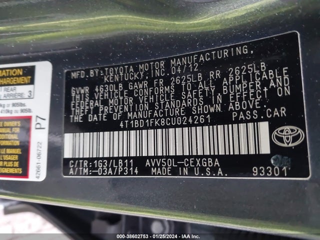 2012 TOYOTA CAMRY HYBRID LE/XLE VIN: 4T1BD1FK8CU024261