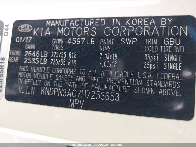 2017 KIA SPORTAGE EX VIN: KNDPN3AC7H7253653