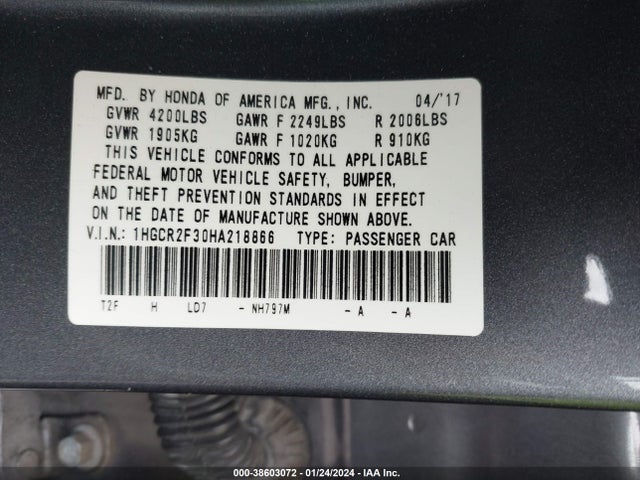 Honda ACCORD LX 2017 1HGCR2F30HA218866 Image 9