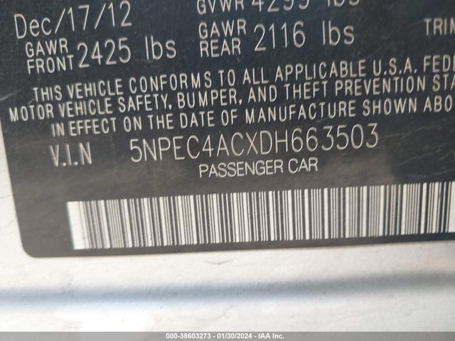 2013 HYUNDAI SONATA LIMITED VIN: 5NPEC4ACXDH663503