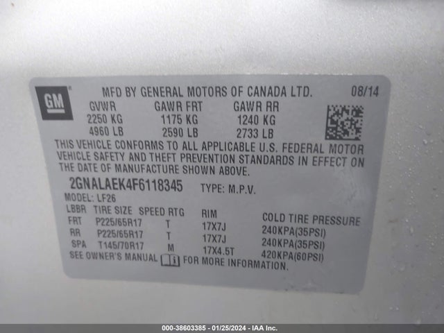 2015 CHEVROLET EQUINOX LS VIN: 2GNALAEK4F6118345