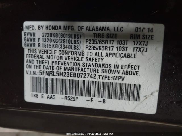 5FNRL5H23EB072742 Honda ODYSSEY LX