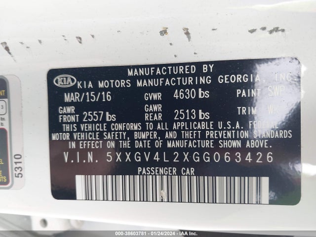 Aukcja sprzedaży 2016 Kia Optima Sxl Turbo, vin: 5XXGV4L2XGG063426, numer aukcji: 38603781
