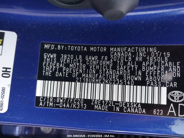 38603826 :رقم المزاد ، 2T1BURHE2KC235140 vin ، 2019 Toyota Corolla Se مزاد بيع