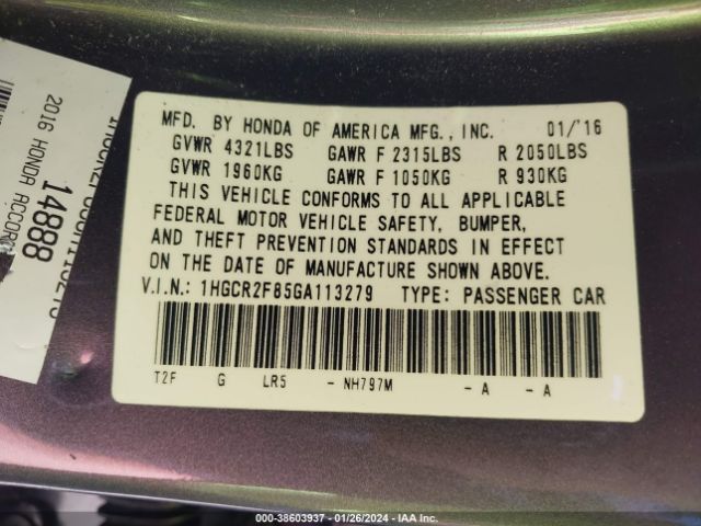 1HGCR2F85GA113279 Honda Accord Ex-l
