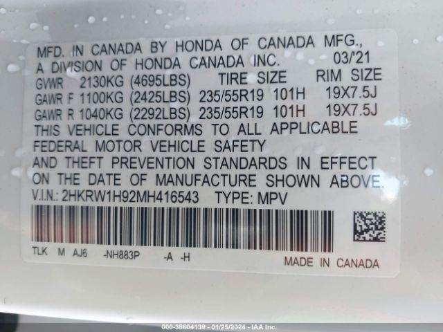 2HKRW1H92MH416543 Honda Cr-v 2wd Touring