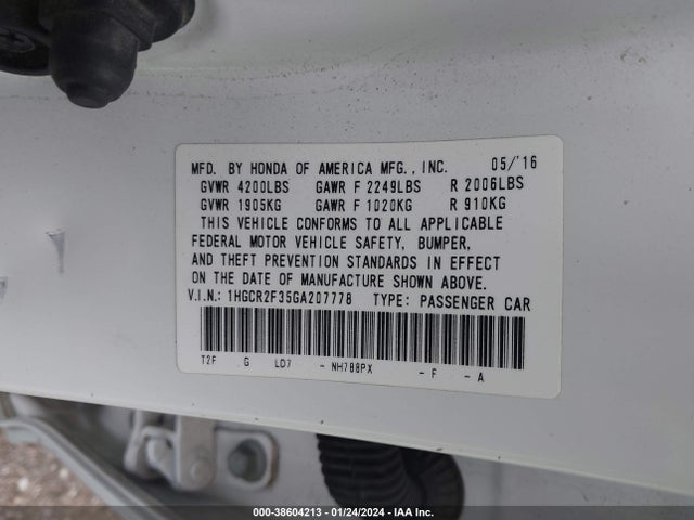 Honda ACCORD LX 2016 1HGCR2F35GA207778 Image 9