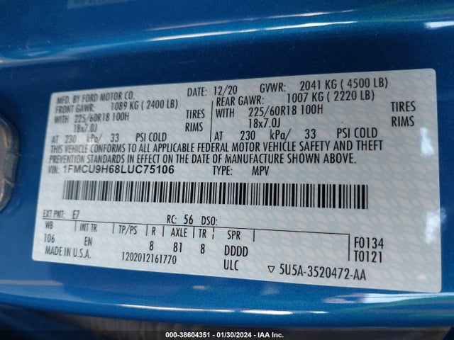 Ford ESCAPE SEL 2020 1FMCU9H68LUC75106 Image 9