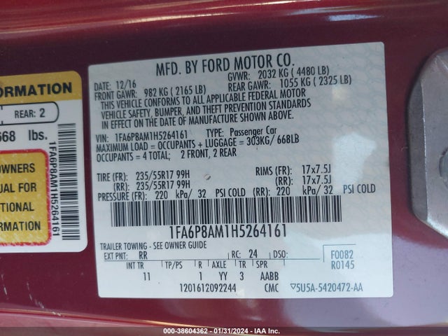 38604362 :رقم المزاد ، 1FA6P8AM1H5264161 vin ، 2017 Ford Mustang V6 مزاد بيع