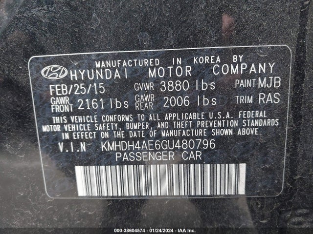 2016 HYUNDAI ELANTRA SE VIN: KMHDH4AE6GU480796