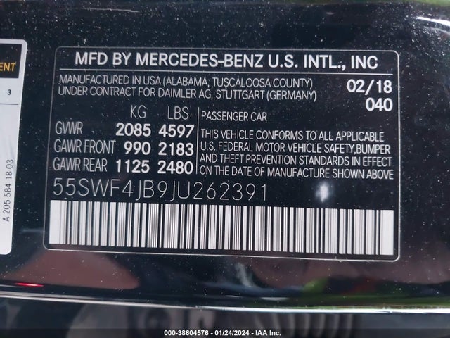 2018 MERCEDES-BENZ C 300 VIN: 55SWF4JB9JU262391