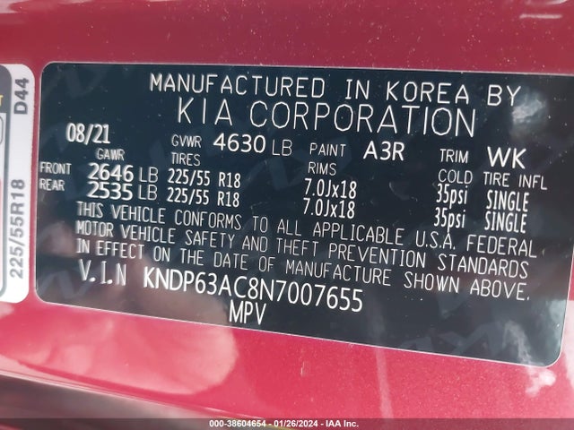 2022 KIA SPORTAGE NIGHTFALL EDITION VIN: KNDP63AC8N7007655