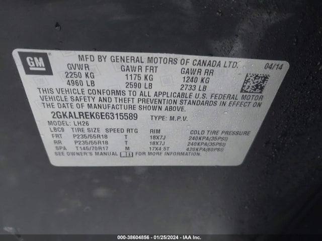GMC Terrain Sle-2 2014 2GKALREK6E6315589 Image 9