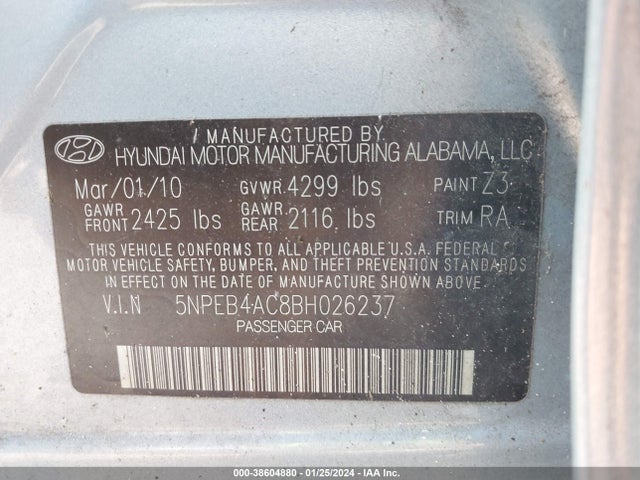 2011 HYUNDAI SONATA GLS VIN: 5NPEB4AC8BH026237