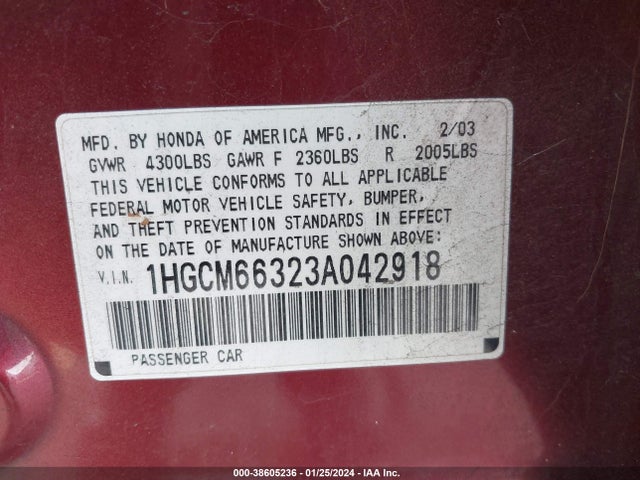 38605236 :رقم المزاد ، 1HGCM66323A042918 vin ، 2003 Honda Accord 3.0 Lx مزاد بيع