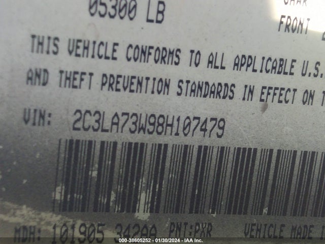 2008 CHRYSLER 300C SRT8 VIN: 2C3LA73W98H107479