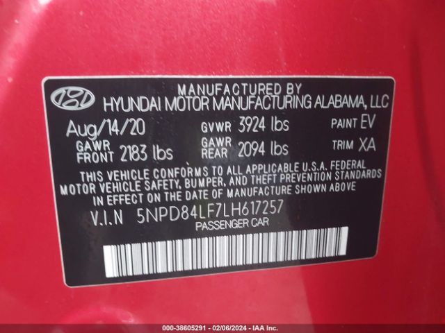5NPD84LF7LH617257 Hyundai Elantra Value Edition