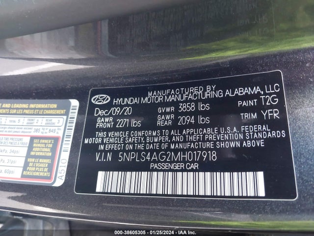 2021 HYUNDAI ELANTRA SEL VIN: 5NPLS4AG2MH017918