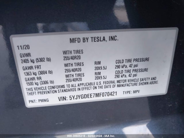 5YJYGDEE7MF070421 Tesla Model Y Long Range Dual Motor All-wheel Drive