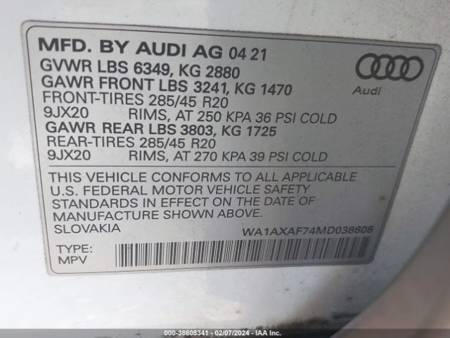 WA1AXAF74MD038608 Audi Q7 Premium 55 Tfsi Quattro Tiptronic