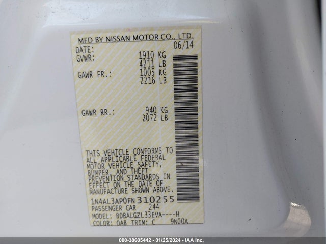 2015 NISSAN ALTIMA 2.5 S VIN: 1N4AL3AP0FN310255