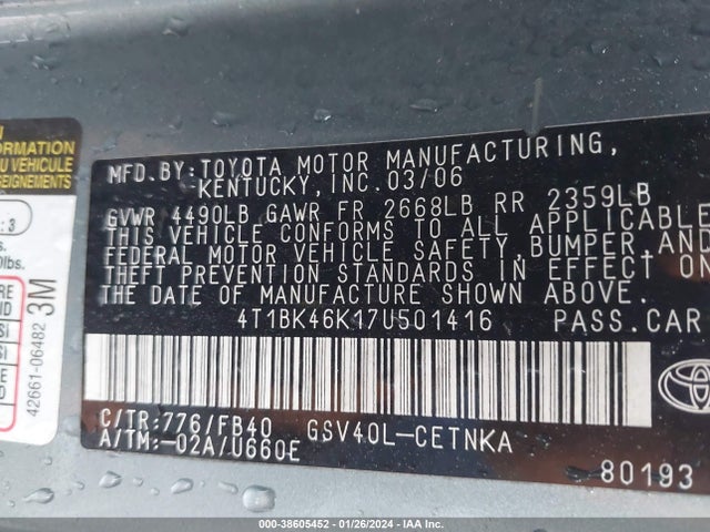 2007 TOYOTA CAMRY LE V6 VIN: 4T1BK46K17U501416
