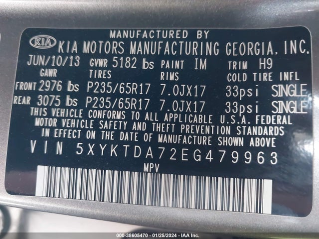 KIA Sorento Lx V6 2014 5XYKTDA72EG479963 Image 9