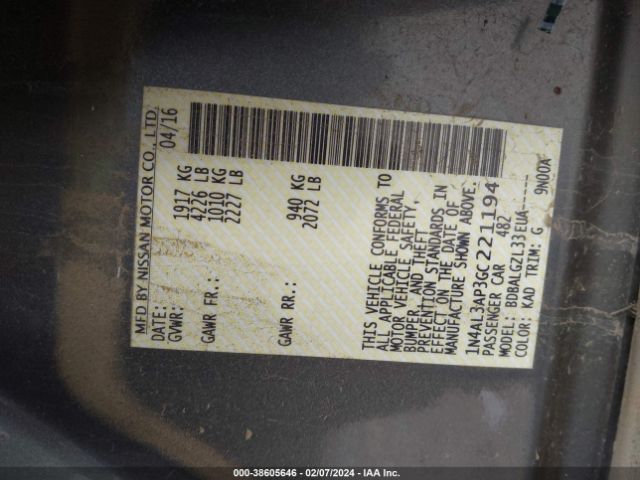1N4AL3AP3GC221194 Nissan Altima 2.5/2.5 S/2.5 Sl/2.5 Sr/2.5 Sv