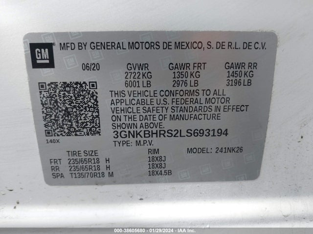 2020 CHEVROLET BLAZER AWD 2LT VIN: 3GNKBHRS2LS693194