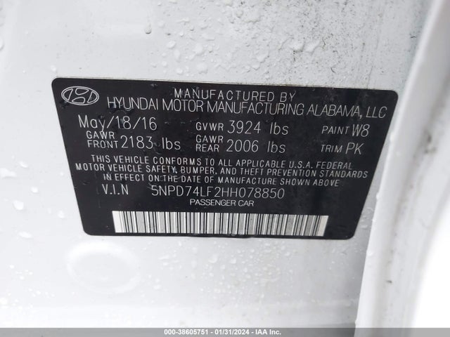 2017 HYUNDAI ELANTRA SE VIN: 5NPD74LF2HH078850