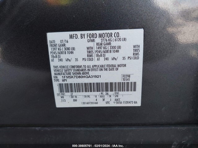 Ford EXPLORER XLT 2017 1FM5K7D80HGA31921 Image 9