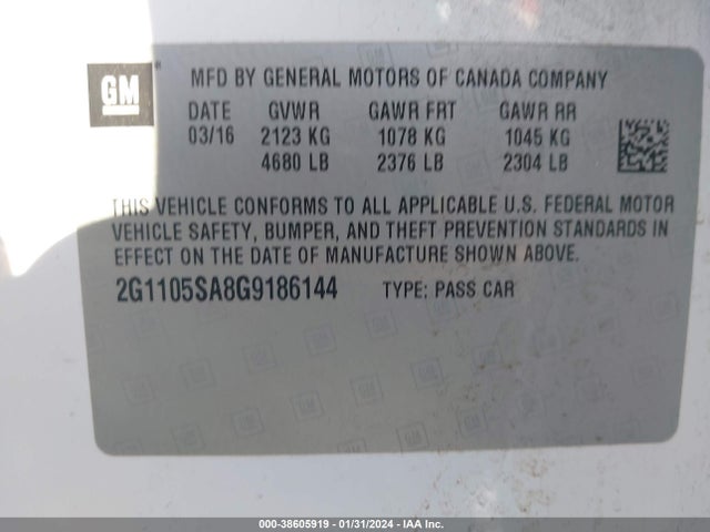 Chevrolet IMPALA 1LT 2016 2G1105SA8G9186144 Image 9