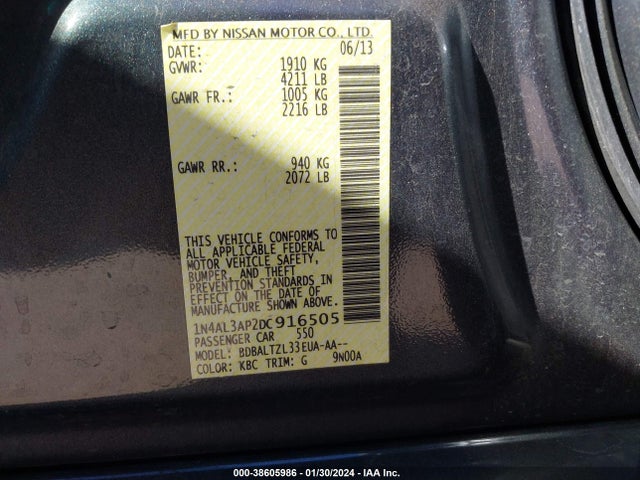 2013 NISSAN ALTIMA 2.5 SV VIN: 1N4AL3AP2DC916505